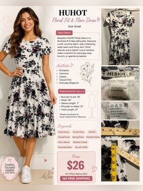 HUHOT White Floral Fit & Flare Midi Dress with Pink and Black Print